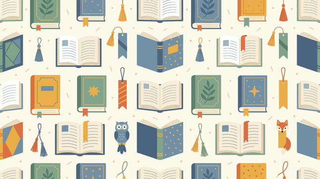 Flat vector seamless pattern, books and bookmarks

