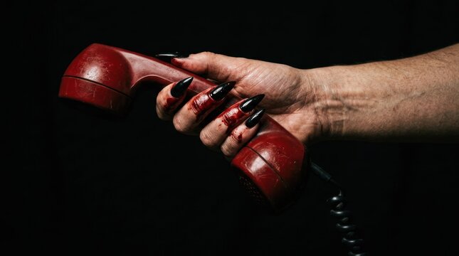 Creepy Hand with Long Nails Holding Old Red Telephone Receiver.