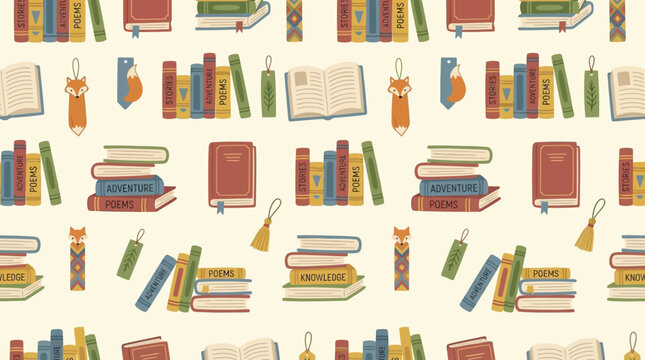 Flat vector seamless pattern, books and bookmarks


