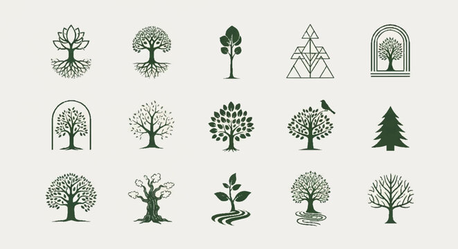 Collection of Diverse Tree Logos and Icons: Nature, Growth, and Eco-Friendly Design Elements