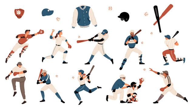 Baseball equipment and players. Specialized gear. American sport match. Balls and gloves. Baseballers hitting with bats. Game uniform elements. Athletes in dynamic poses vector set