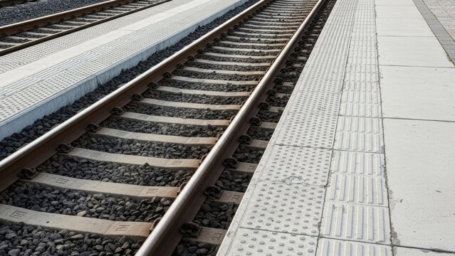 Close up of railway tracks with platform showing textured surface and lines