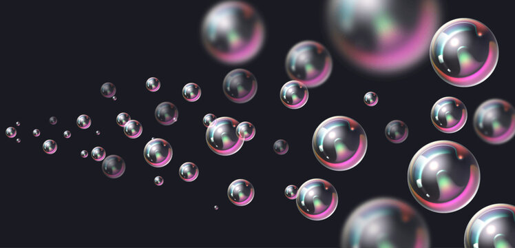 Background with soap bubbles. Wash lather rainbow colors. Realistic transparent flying 3D spheres. Foam motion with blurred balls. Laundry froth. Suds blow. Vector composition of purity