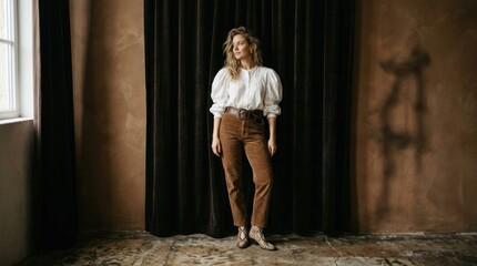 Naklejka premium Elegant Woman Poses in Stylish Outfit Against Dramatic Backdrop.