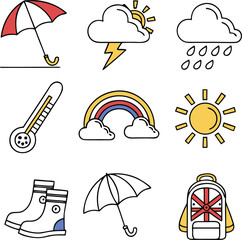 Fototapeta premium Weather and Rainy Season Icon Set Vector Collection with Umbrellas, Rainbow, Sun, Clouds and Rain Boots