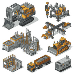 Isometric industrial machinery and equipment collection, including excavators, bulldozers, and factories. © bi