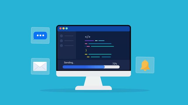 Animated flat vector illustration of a desktop monitor displaying software code with messaging, email, and notification icons. Modern AI communication, messaging automation, and digital technology con