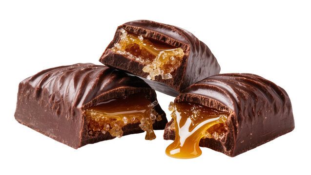 Isolated three rich dark chocolate candy bars with sweet flowing caramel and sugar crystals