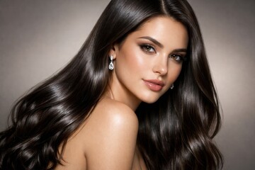 Fototapeta premium Luxury brunette woman with glossy healthy hair and radiant skin in elegant beauty portrait