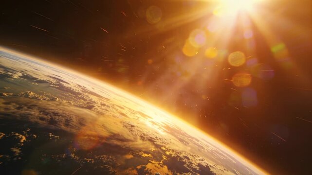 Illuminating planet limb and terminator from low orbit as bright star rising, lens flares, streaks