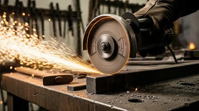Close-up of angle grinder cutting metal, creating sparks and dust in workshop