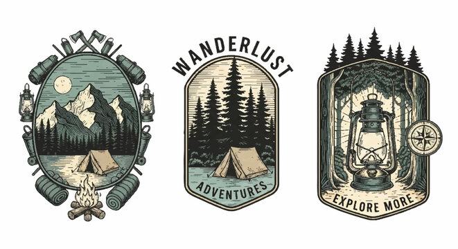 Vintage Camping Adventure Badges: Mountains, Forest, Tent, Campfire, Lantern, Wanderlust