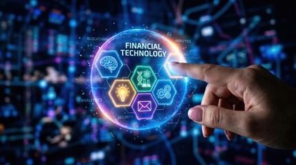 Fototapeta premium Futuristic Financial Technology Interface with Icons and Finger Interaction.