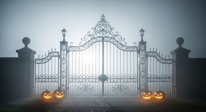 Spettrale cancello in ferro battuto di una vecchia tenuta avvolto dalla nebbia, con zucche di Halloween intagliate e illuminate ai lati, zucca, tradizione, architettura