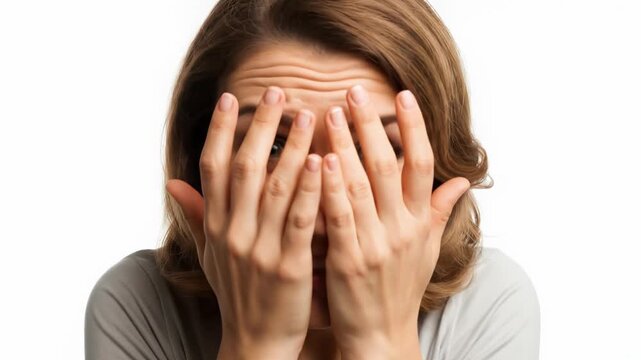 Confused Woman Shrugging and Hiding Face, Expressing Uncertainty and Doubt