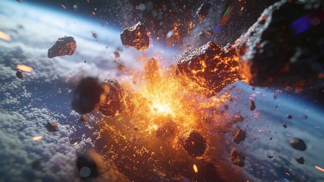 Exploding asteroid cluster fragmenting after core flash above planet limb, ejecting hot fragments
