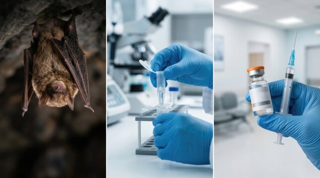 Epidemic hazard management: animal host, rabies virus, rhabdovirus family, virus analyze, disease protect, cavern creature, research process, medical bottle, syringe needle, infection safeguard.