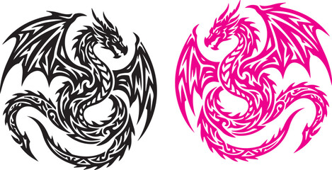 Obraz premium Tribal Dragon Vector Art Black and Pink Silhouette Icon Set
