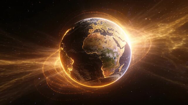 Sparking golden halo growing and sending plasma around CGI Earthlike globe in space, forming corona