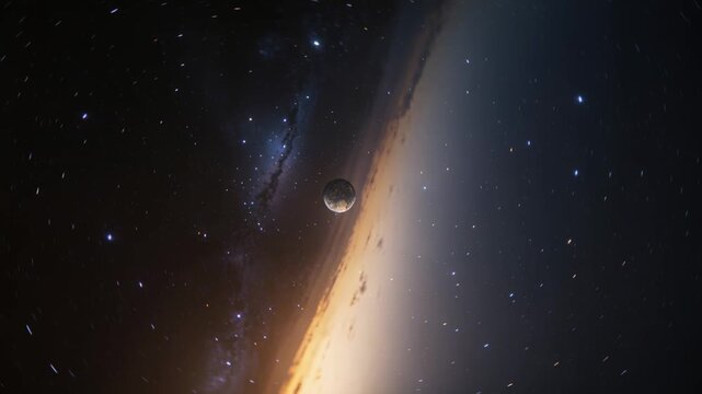 Camera pulling back revealing Earth-like planet rotating, blue moon and night-side city lights