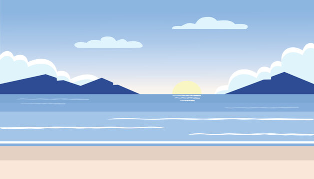 Sunrise over the ocean with mountains in the background. Tranquil Seascape with Mountain Sunrise. Peaceful Sunrise Over Sea and Mountains.