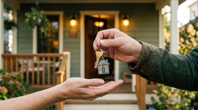 Handing Over House Keys to New Homeowner in Front of Residence.
