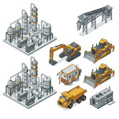 Isometric industrial machinery and construction equipment set, including refineries, excavators, bulldozers, dump trucks, and conveyor belts. © bi