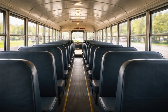 Empty school bus interior with rows of seats and bright daylight transportation perspective scene