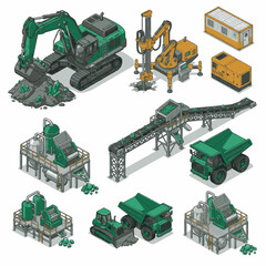 Isometric illustration of construction and mining heavy machinery and industrial equipment. © bi