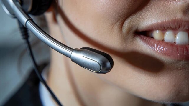 Answering incoming call, female agent speaking into headset boom mic at office with uniform collar