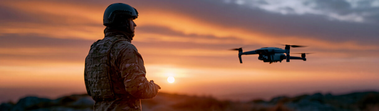 Raw photorealistic armed forces scene at sunset, close emotional framing of a helmeted soldier silhouette standing on a high rocky hilltop, one arm raised slightly as drone control