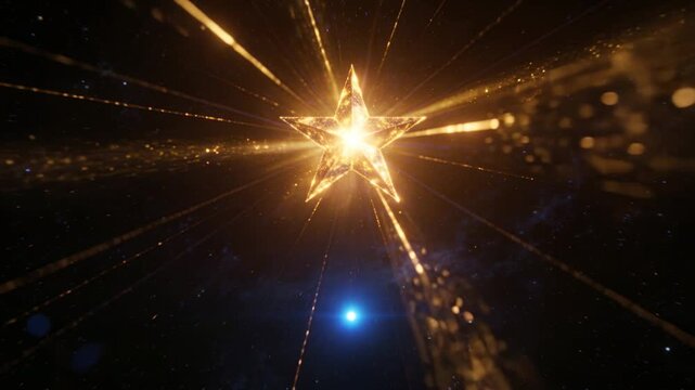Brightening core making star pulsing and sending beams in space, creating depth, blue point glowing