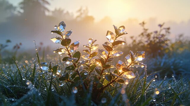 Glistening small broadleaf plant soaking up sunrise backlight in grass field, making droplet glints
