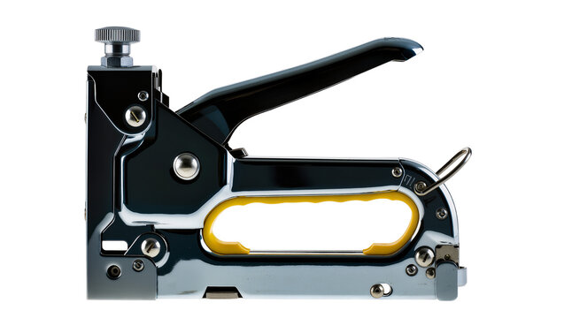 Isolated heavy-duty staple gun with a sleek metallic finish and comfortable yellow grip