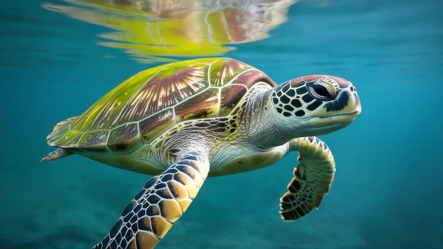 Majestic green sea turtle swimming gracefully through the crystal clear deep blue tropical ocean waters captured in a stunningly sharp and detailed underwater photographic style image