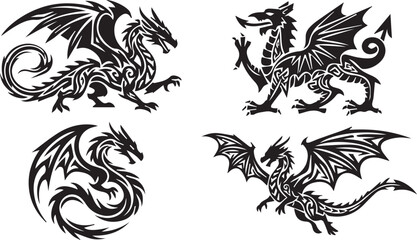 Obraz premium Set of Black Tribal Dragon Illustrations for Unique Tattoo Design Art
