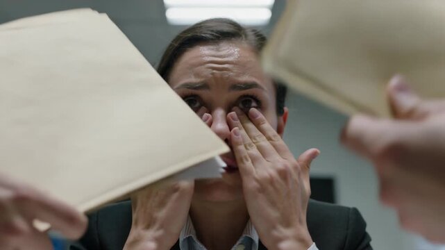 Rubbing eyes, seated woman in dark suit jacket reacting to hands presenting manila folders at desk