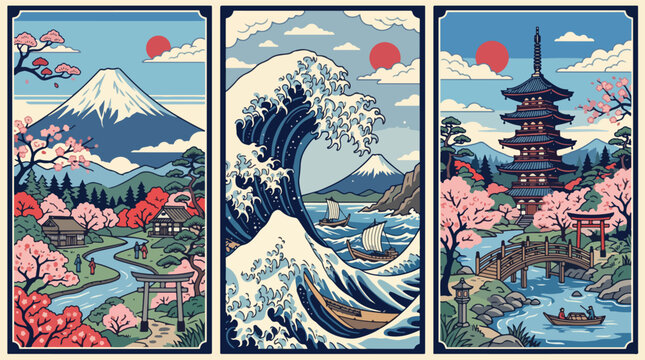 Three beautiful japanese art panels featuring mount fuji the great wave and a traditional pagoda temple in cherry blossom season
