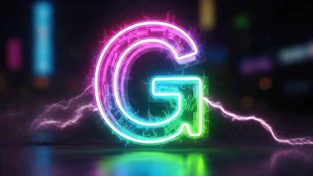 Glowing Neon Letter G with Electric Spark Effects, Colorful Abstract Background