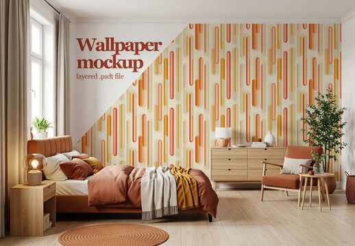 Home interior bedroom wallpaper design mockup