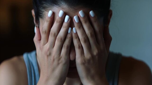Frowning woman pressing temples then covering eyes in room feeling stress white nails grey tank