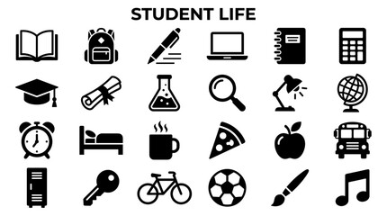 Student life icons and symbols representing education, learning, and campus activities with school supplies and daily essentials © Iconique Studio