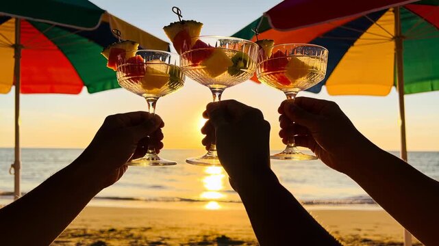 Lifting three coupe glasses as sun aligning, friends' bare arms toasting at beach under umbrellas