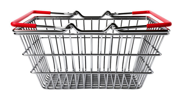 Isolated empty metal shopping basket with red handles, a classic store cart for purchases