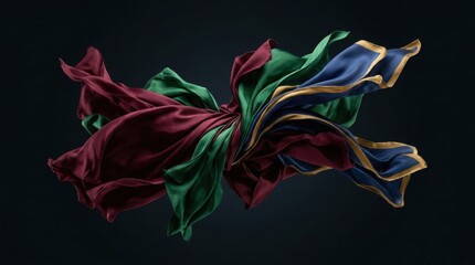 Fototapeta premium Abstract flowing silk fabric in deep burgundy, emerald green, and navy blue