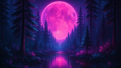 Fototapeta premium Vibrant moonlit forest wallpaper for desktop