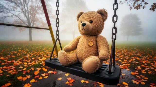 Lonely teddy bear on swing set in foggy autumn park with fallen leaves