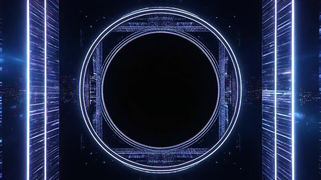 Abstract futuristic circular interface portal with glowing blue matrix data codes in a dark digital space.