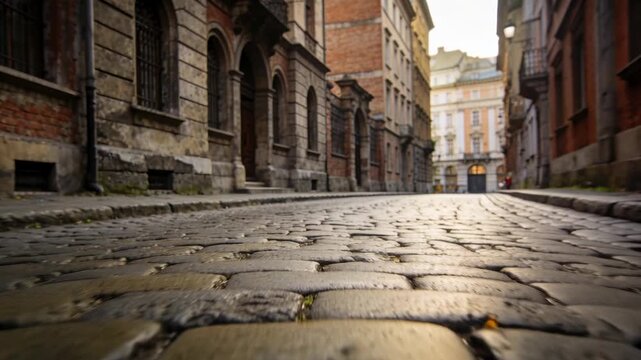 Camera tracking cobblestone foreground, leading toward lighter building in alley, brick facades