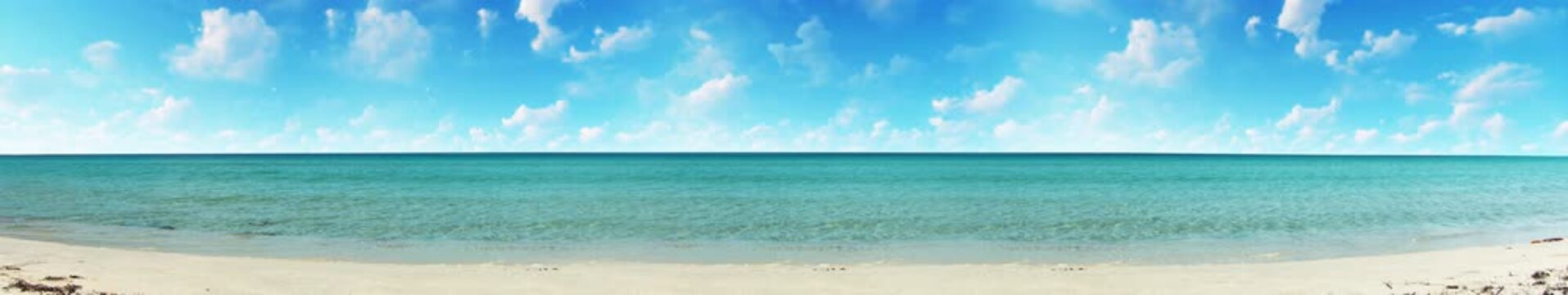 Calm Turquoise Sea Beach Panorama with Blue Sky and White Clouds, Summer Nature Animation, Widescreen Loop